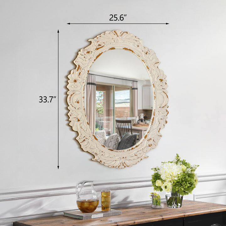 26 in. W x 34 in. H Antiqued White Baroque Oval Framed Wall Bathroom Vanity Mirror #25011