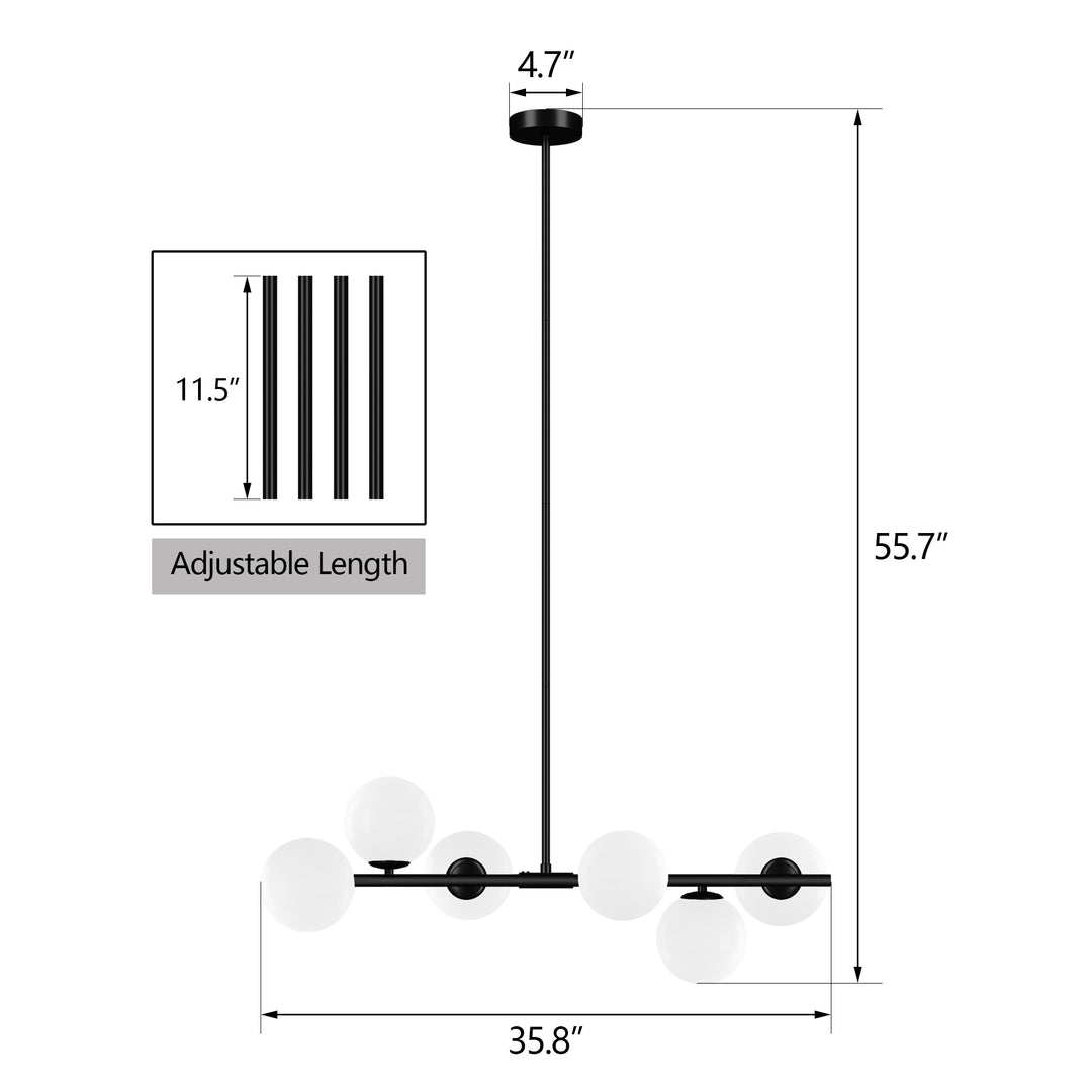 6-light Modern Liner Milky White Glass And Metal Chandelier For Living Room/dining Room #29009-6BK