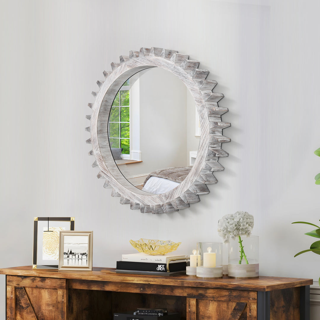 Wood Round Gear-Shaped Hanging Decorative Wall Mirror