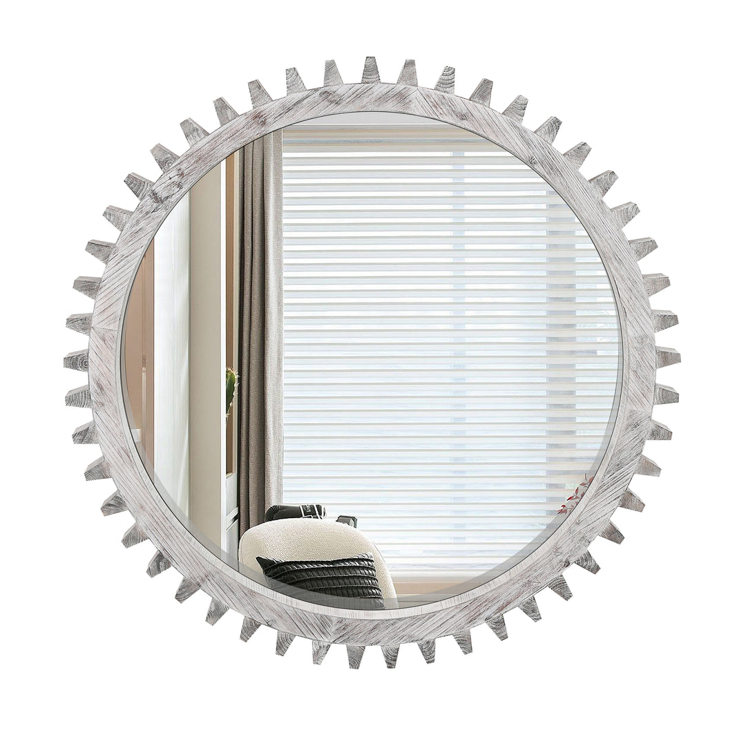 Wood Round Gear-Shaped Hanging Decorative Wall Mirror