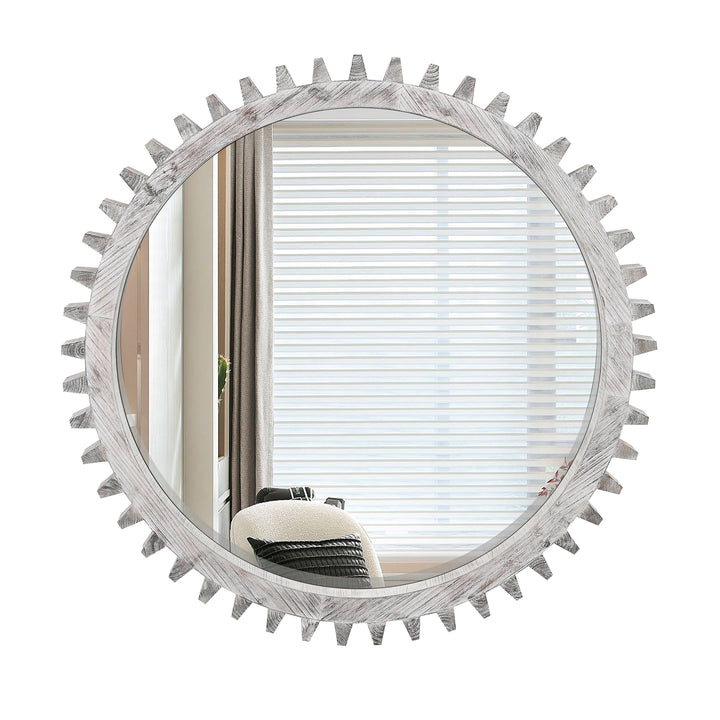 Wood Round Gear-Shaped Hanging Decorative Wall Mirror