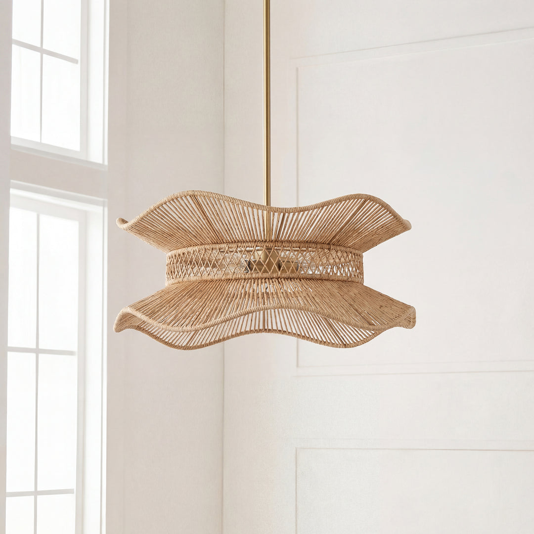 Shine 6-light 30"w Modern Farmhouse Natural Wood Drum Light With Hand‑woven Cotton Rope Shade For Dining Room Or Bedroom #48004