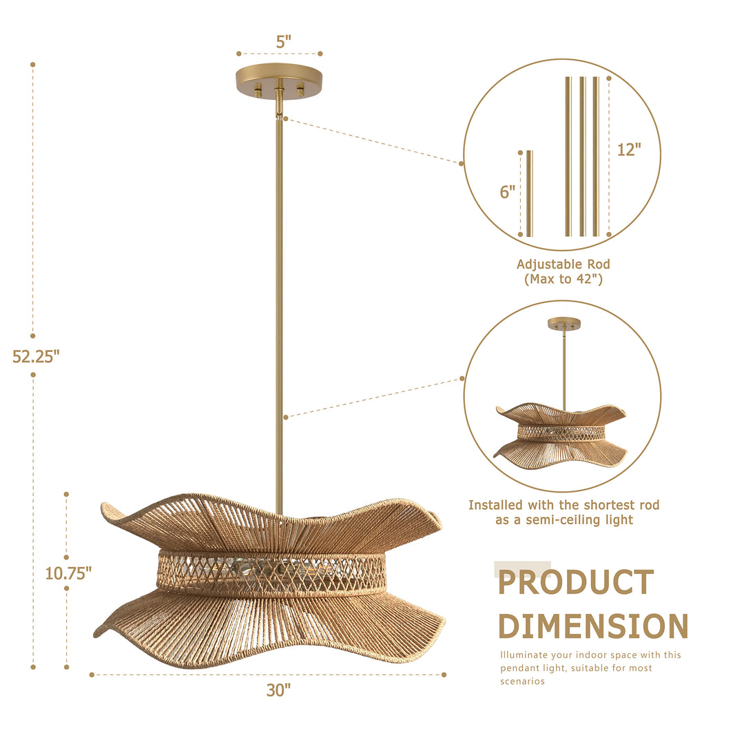 Shine 6-light 30"w Modern Farmhouse Natural Wood Drum Light With Hand‑woven Cotton Rope Shade For Dining Room Or Bedroom #48004