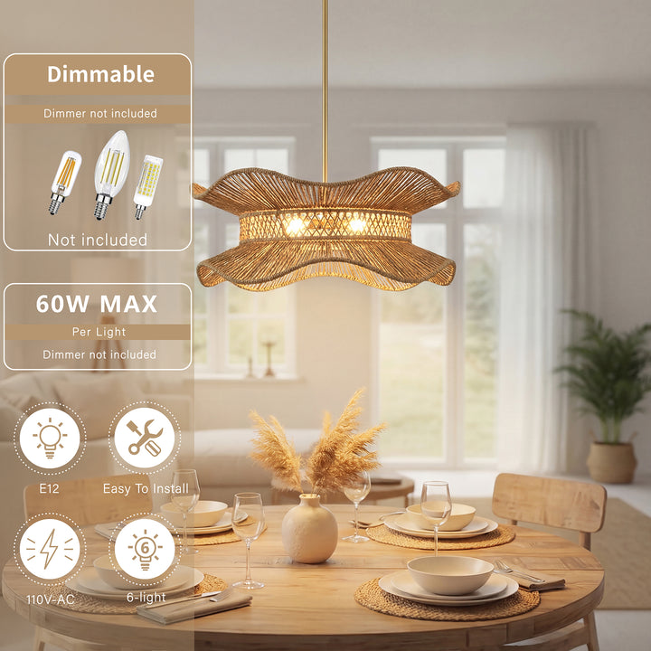 Shine 6-light 30"w Modern Farmhouse Natural Wood Drum Light With Hand‑woven Cotton Rope Shade For Dining Room Or Bedroom #48004