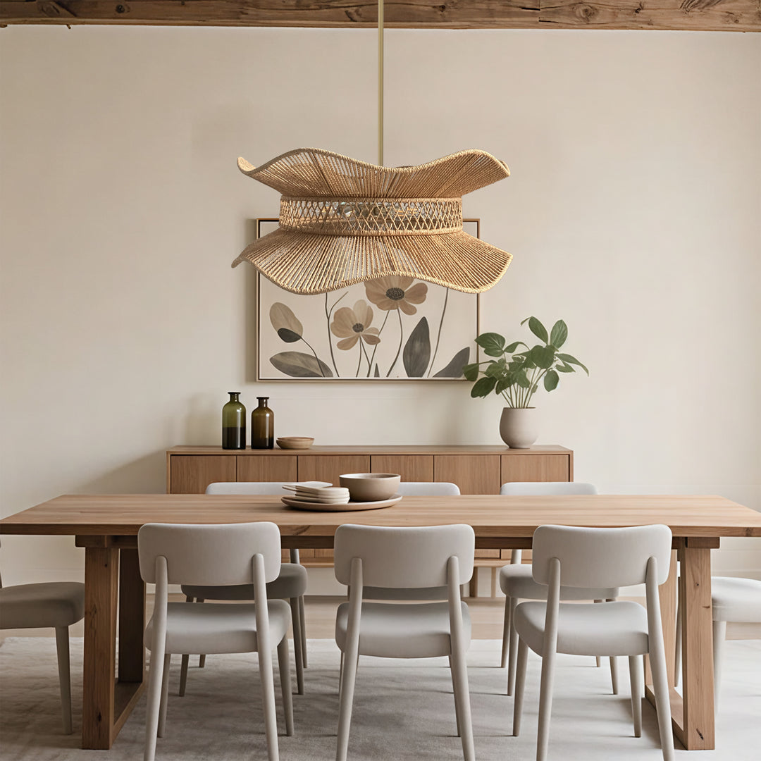 Shine 6-light 30"w Modern Farmhouse Natural Wood Drum Light With Hand‑woven Cotton Rope Shade For Dining Room Or Bedroom #48004