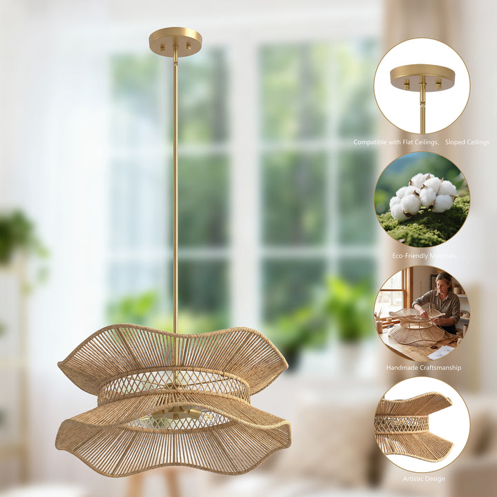 Shine 6-light 30"w Modern Farmhouse Natural Wood Drum Light With Hand‑woven Cotton Rope Shade For Dining Room Or Bedroom #48004