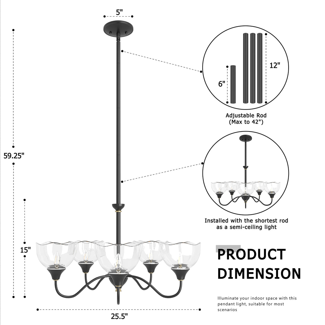 Shine Black Modern Spider Chandelier with Glass Shade for Dining Room or Kitchen Island #48004