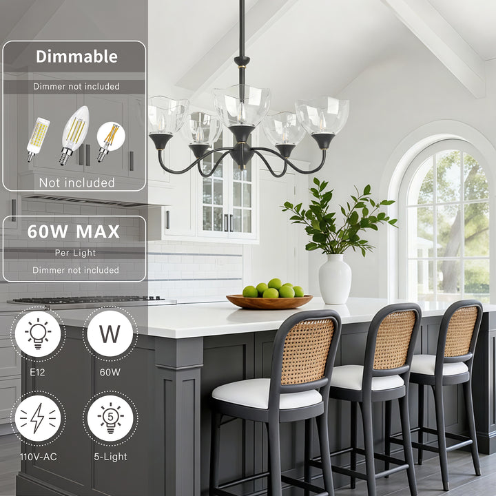 Shine Black Modern Spider Chandelier with Glass Shade for Dining Room or Kitchen Island #48004
