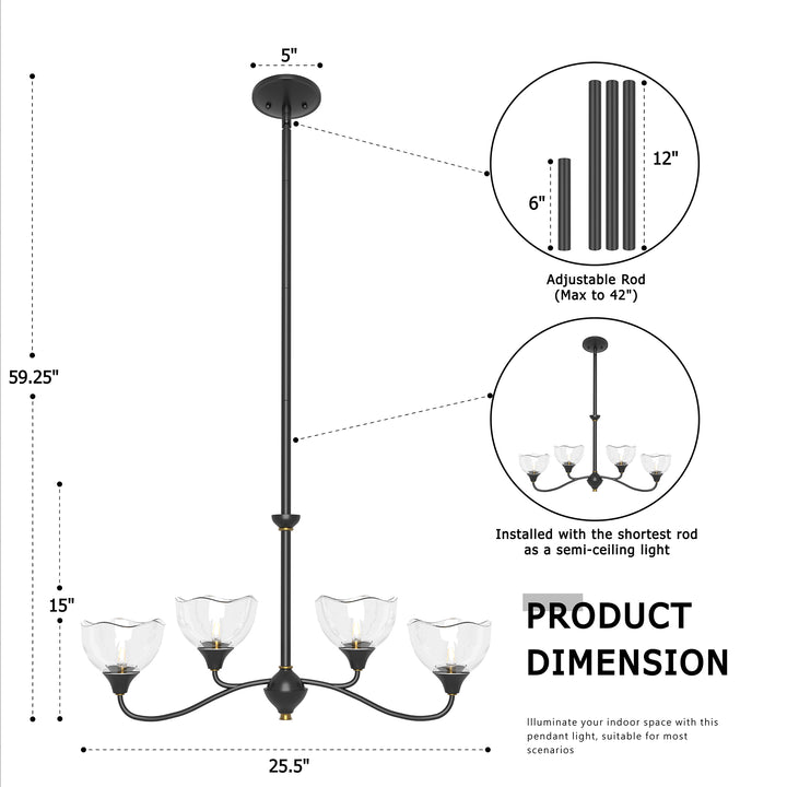 Shine Black Modern Spider Chandelier with Glass Shade for Dining Room or Kitchen Island #48004