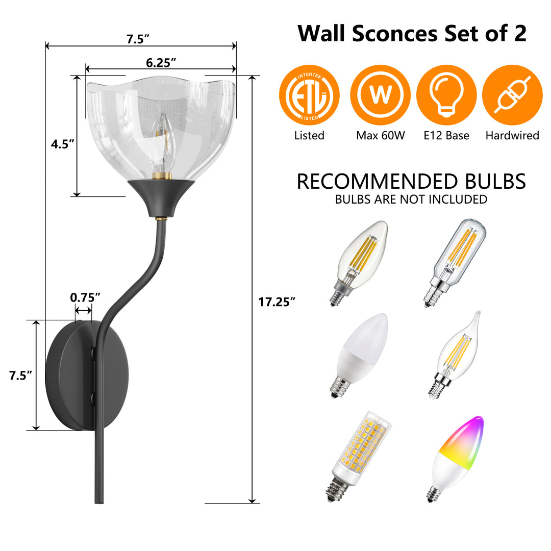 Shine Black and Gold ETL Dimmable Wall Sconces with Petal Shaped Glass Shade #48007