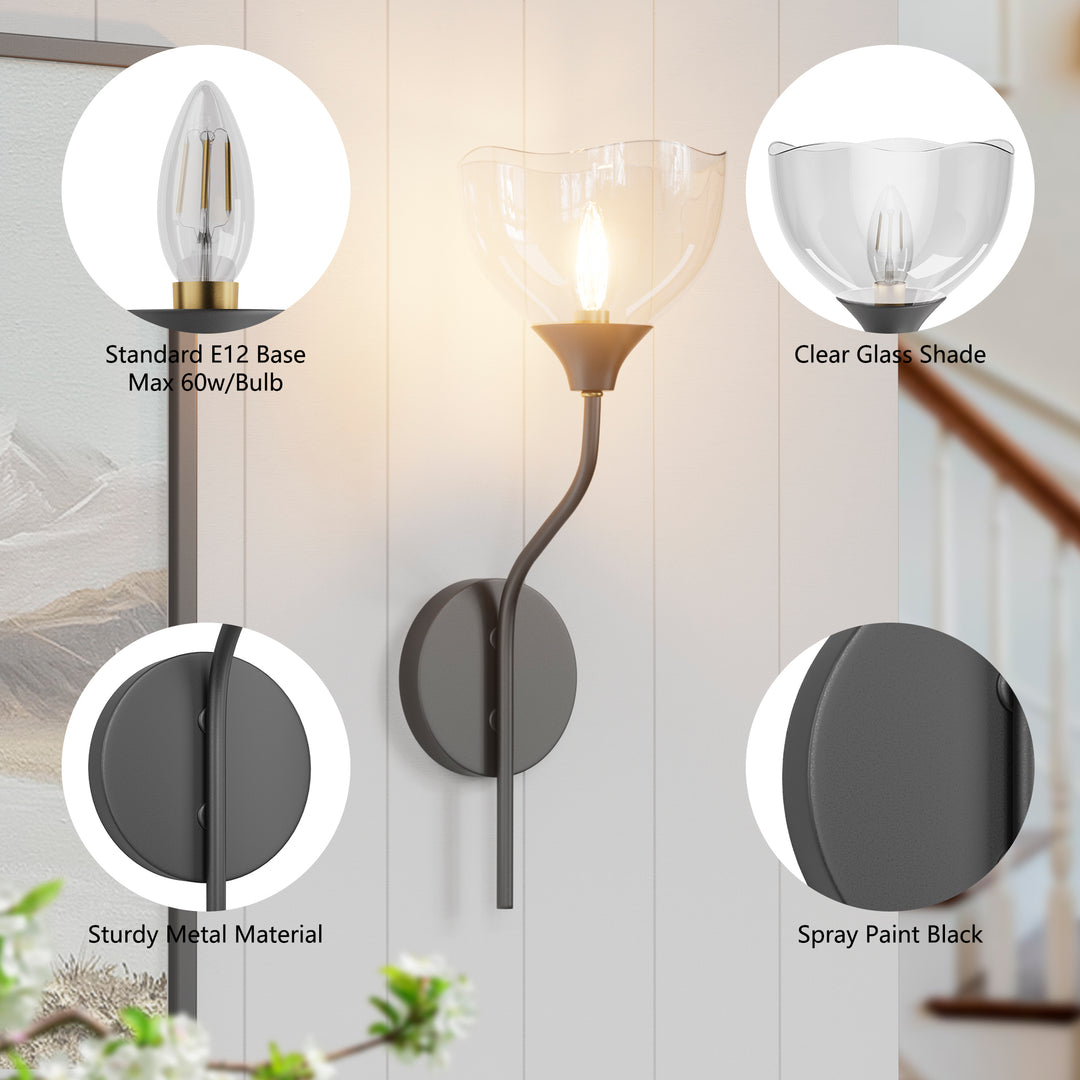 Shine Black and Gold ETL Dimmable Wall Sconces with Petal Shaped Glass Shade #48007