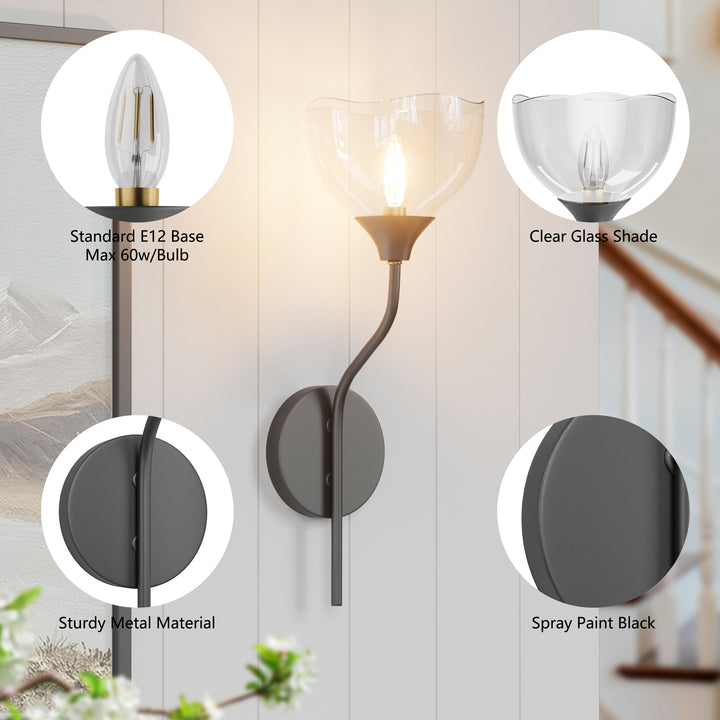 Shine Black and Gold ETL Dimmable Wall Sconces with Petal Shaped Glass Shade #48007