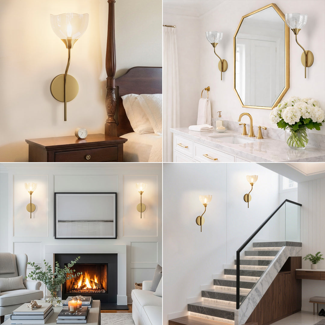 Shine Black and Gold ETL Dimmable Wall Sconces with Petal Shaped Glass Shade #48007
