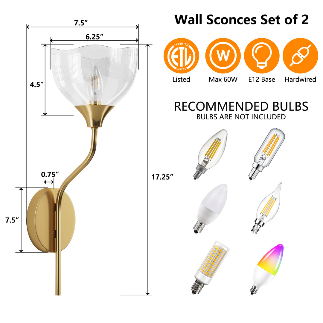 Shine Black and Gold ETL Dimmable Wall Sconces with Petal Shaped Glass Shade #48007