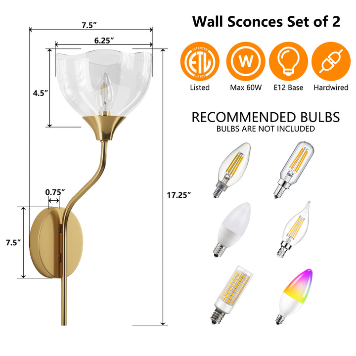 Shine Black and Gold ETL Dimmable Wall Sconces with Petal Shaped Glass Shade #48007