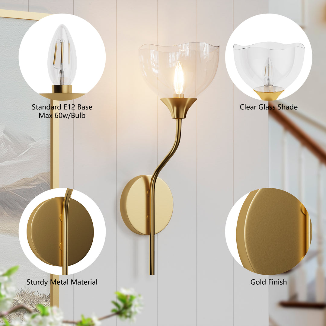 Shine Black and Gold ETL Dimmable Wall Sconces with Petal Shaped Glass Shade #48007