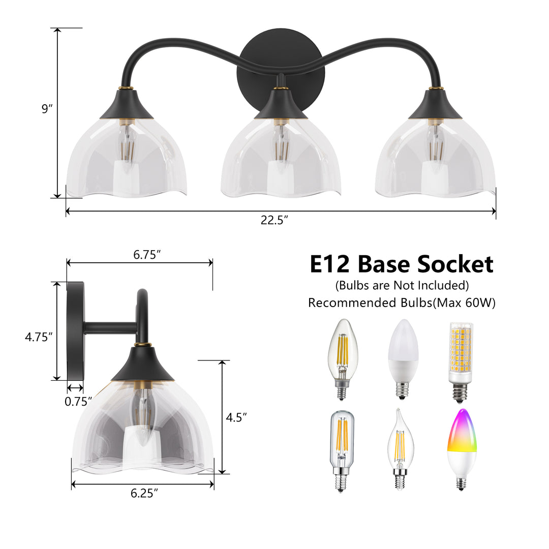 Shine Black and Gold ETL Dimmable Wall Sconces with Petal Shaped Glass Shade #48007