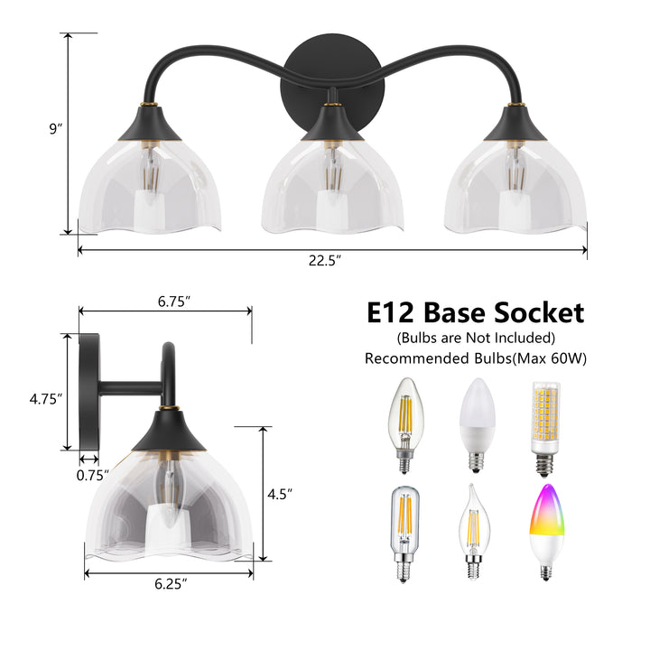 Shine Black and Gold ETL Dimmable Wall Sconces with Petal Shaped Glass Shade #48007