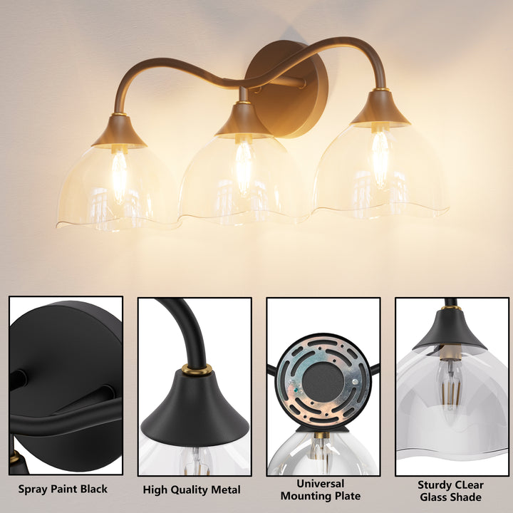 Shine Black and Gold ETL Dimmable Wall Sconces with Petal Shaped Glass Shade #48007