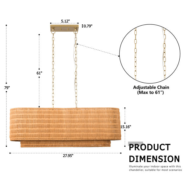 Shine 4 - Light 36"w Modern Farmhouse Linear Pendant With Hand-woven Rattan Shade For Kitchen Island #