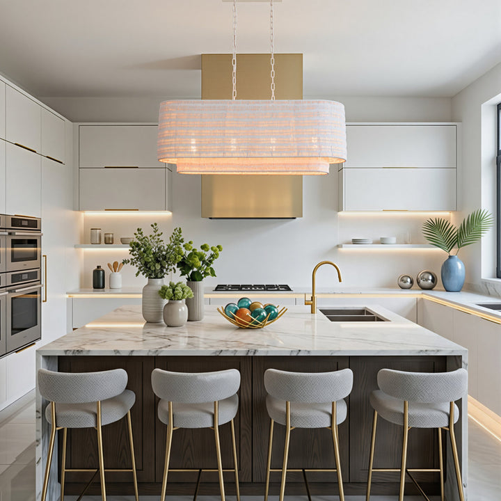 Shine 4 - Light 36"w Modern Farmhouse Linear Pendant With Hand-woven Rattan Shade For Kitchen Island #