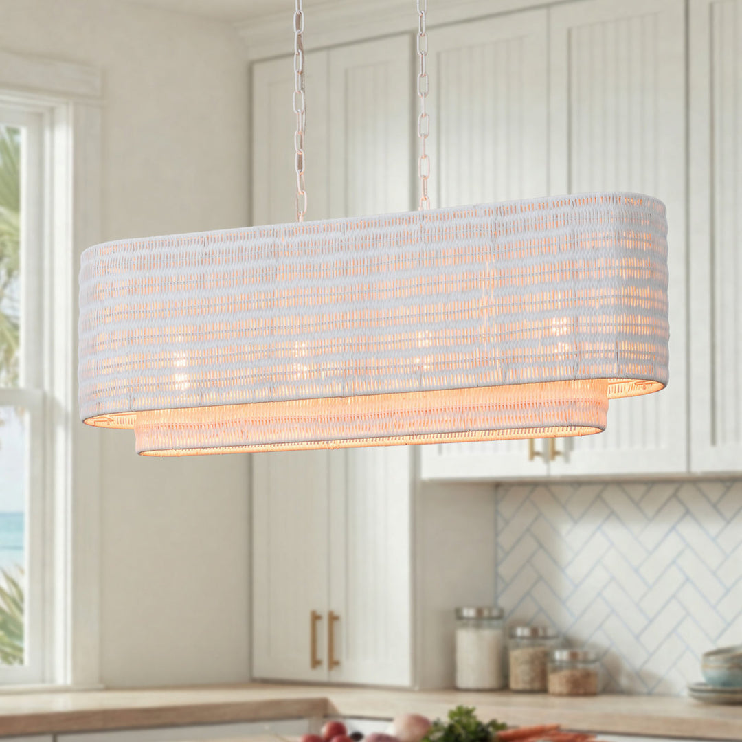 Shine 4 - Light 36"w Modern Farmhouse Linear Pendant With Hand-woven Rattan Shade For Kitchen Island #