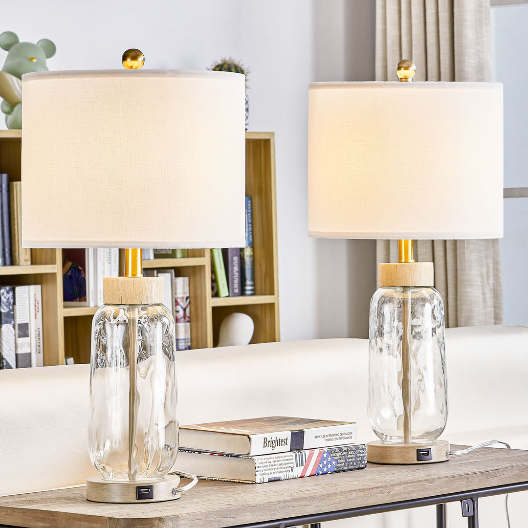 24 in. Brown Modern/Bohemian/Farmhouse Dimmable Glass Wood Metal For Bedroom Living Room Bedside Desk Nightstand Table Lamp With White Linen Drum Shape And USB Prot (Set of 2)