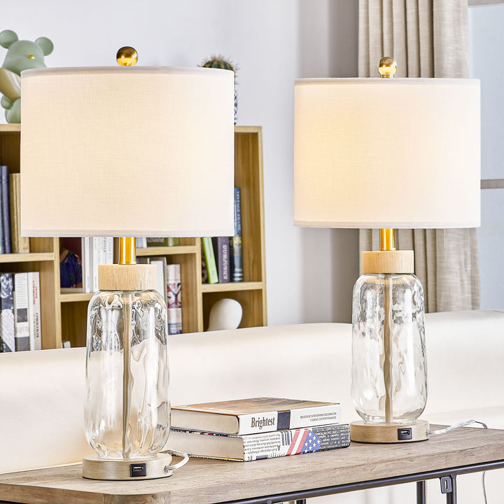 24 in. Brown Modern/Bohemian/Farmhouse Dimmable Glass Wood Metal For Bedroom Living Room Bedside Desk Nightstand Table Lamp With White Linen Drum Shape And USB Prot (Set of 2)