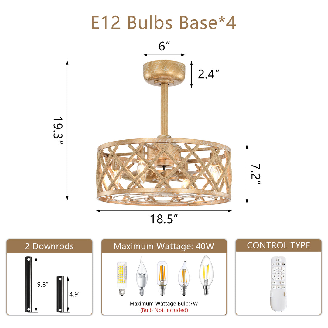 Maxax 19" Boho Caged Low Profile Ceiling Fan with Light and Remote, Stepless Color Temperature & 6 Speeds, Farmhouse Flush Mount Fan for Bedroom, Kitchen, Living Room, Kids Room #26001