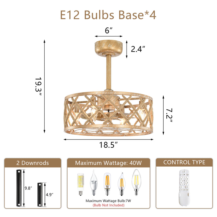 Maxax 19" Boho Caged Low Profile Ceiling Fan with Light and Remote, Stepless Color Temperature & 6 Speeds, Farmhouse Flush Mount Fan for Bedroom, Kitchen, Living Room, Kids Room #26001