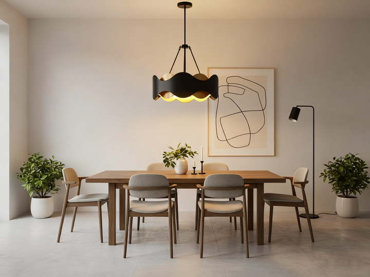 Glimmer 6-Light 24"W Black/Gold Modern Drum Chandelier With Iron Shade For Bedroom Or Living Room #MX21056