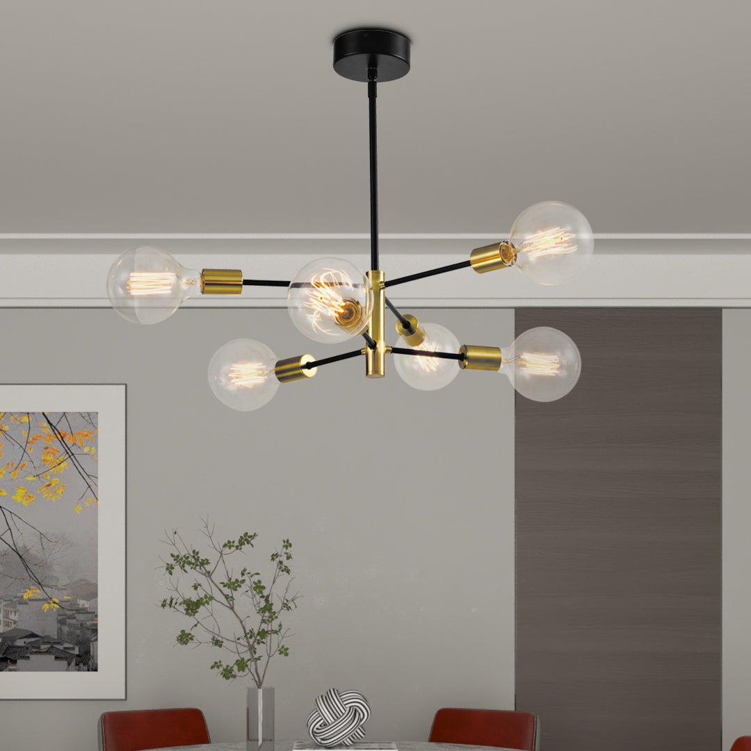 Maxax 6-Light Glass Globe Sputnik Chandelier, 52.95" Black and Gold Height Adjustable Pendant Lighting for Dining Room, Living Room #MX21037-P6