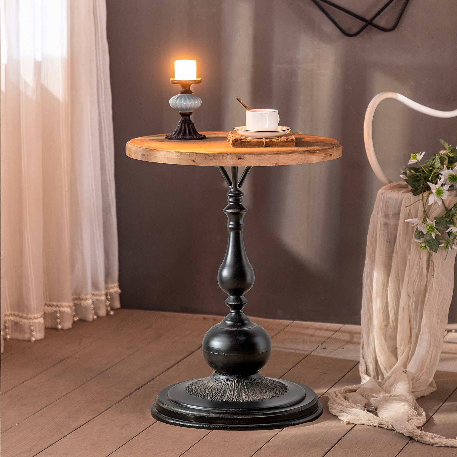 YUIlili Vintage Round End Table Living Room, Rusitc Side