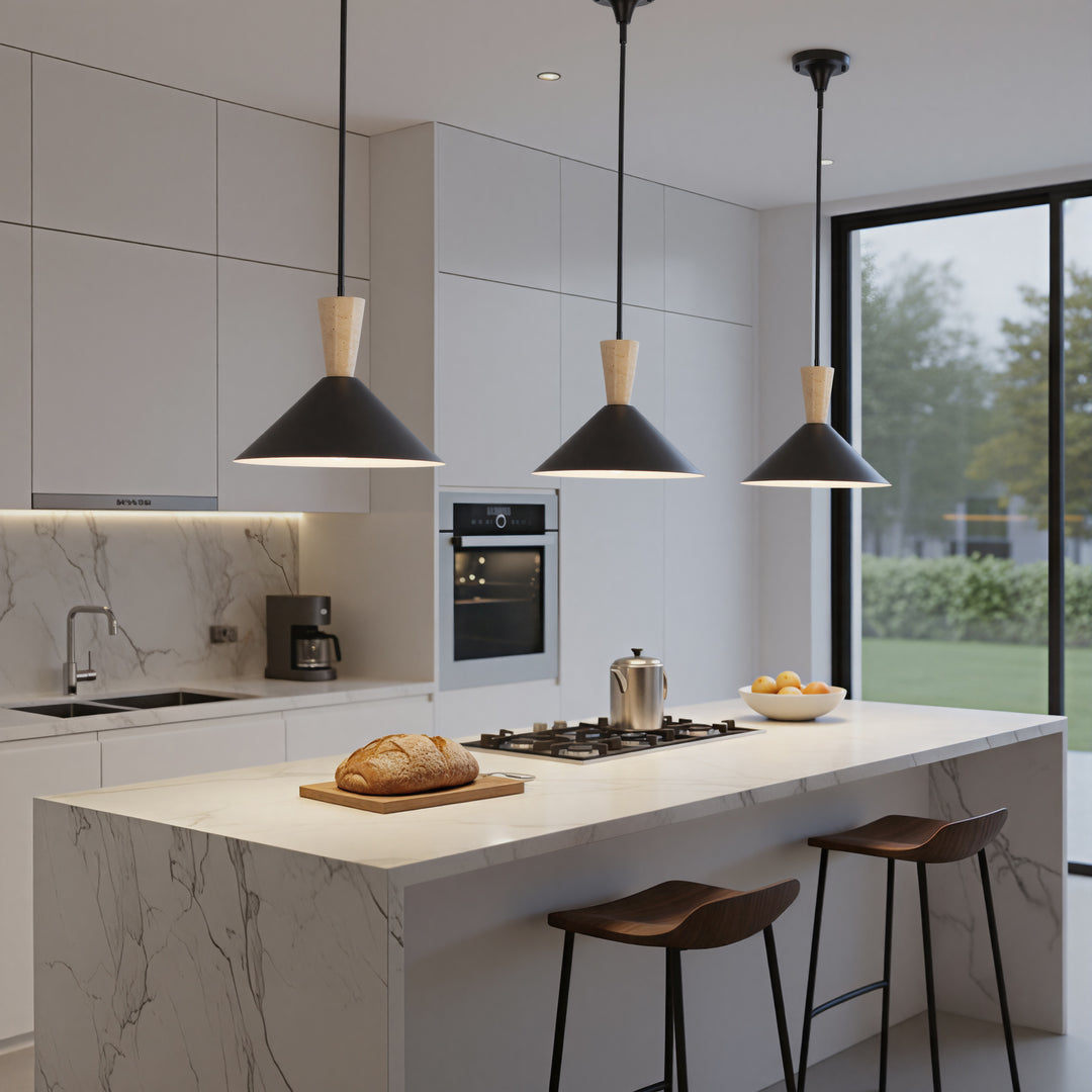 1-Light 13.8"W Black Metal Modern Cone Pendant With Marble Decoration For Kitchen Island Or Dining Room #19236