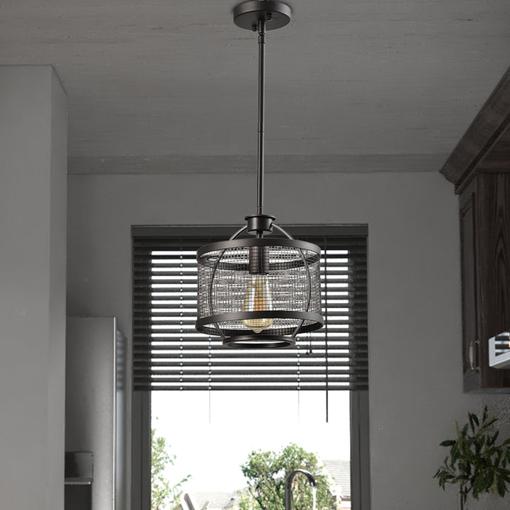 Maxax 1 - Light Lantern Drum Pendant With Wrought Iron Accents #MX21024-1BK