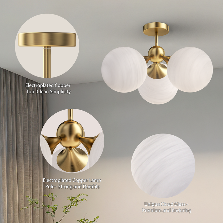 Nimbus 21"-3 Lights Modern Cloud Glass Globe Semi Flush Mount Lighting Fixture For Living Room, Bedroom#29028