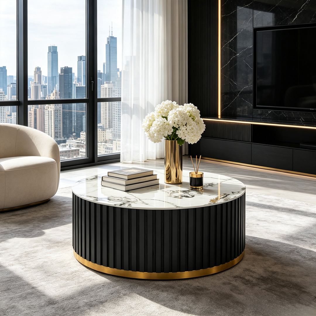 36" Solid Wood Round Drum Coffee Table with Sintered Stone Top #25049