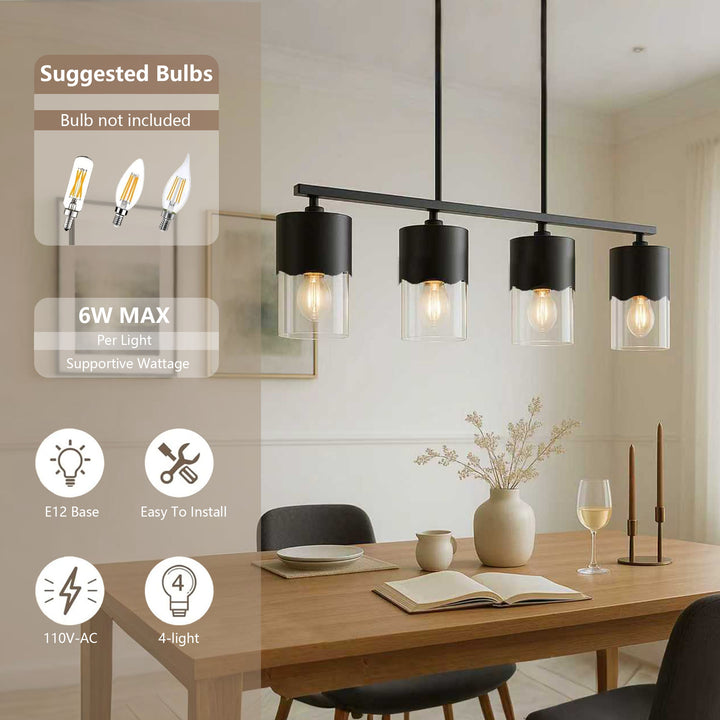 Glimmer 4-Light Metal And Glass Modern Linear Pendant Light With Adjustable Rod For Kitchen Island #29032