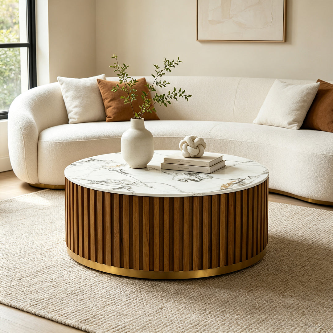 36" Solid Wood Round Drum Coffee Table with Sintered Stone Top #25049