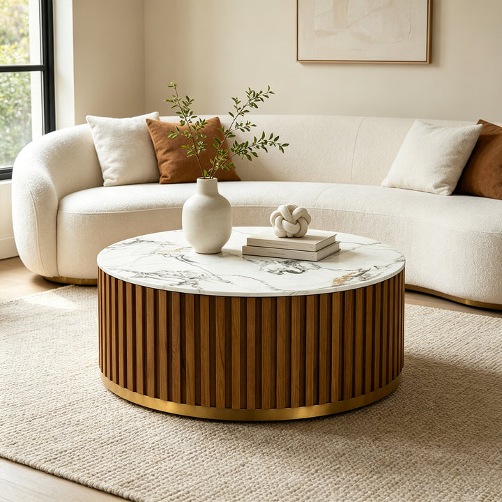 36" Solid Wood Round Drum Coffee Table with Sintered Stone Top #25049