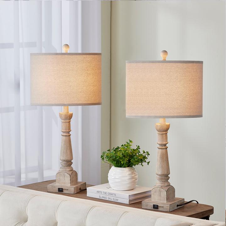 27 in. Brown Traditional Dimmable Resin For Bedroom Living Room Bedside Desk Nightstand Tall Table Lamp With Linen Drum Shade And USB Port #T195