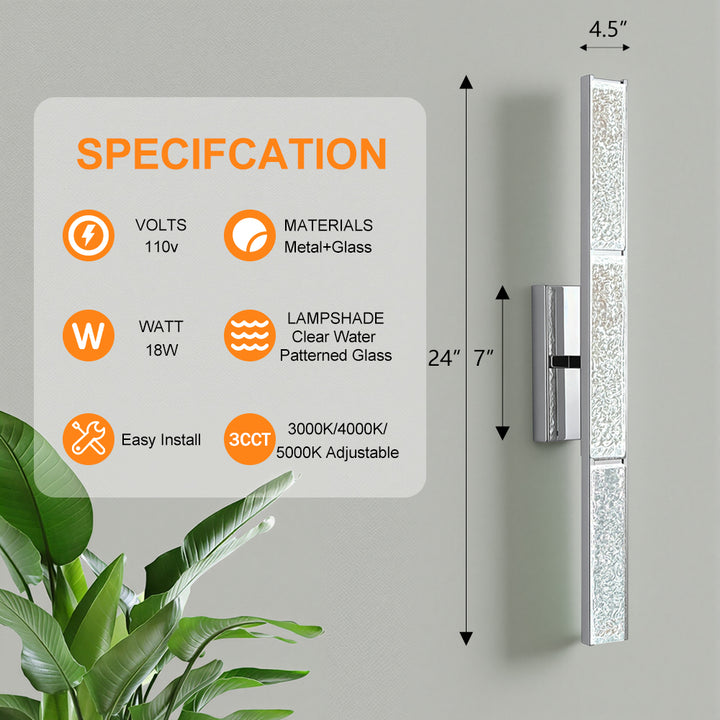 Elysian 24''h Dimmable Led Chrome Iron 3cct Adjustable Outdoor Wall Light With Water Glass #WL7090