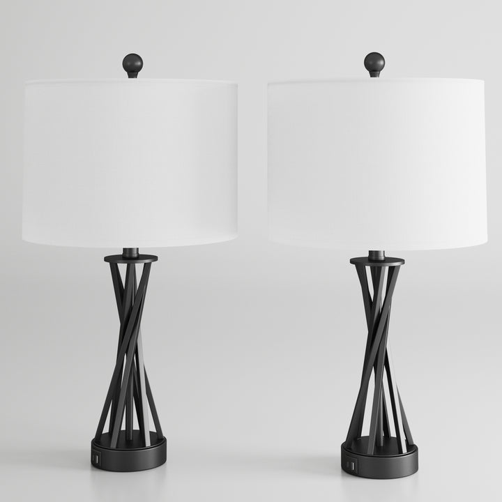 24'' Black Modern Metal Table Lamp With Usb Ports