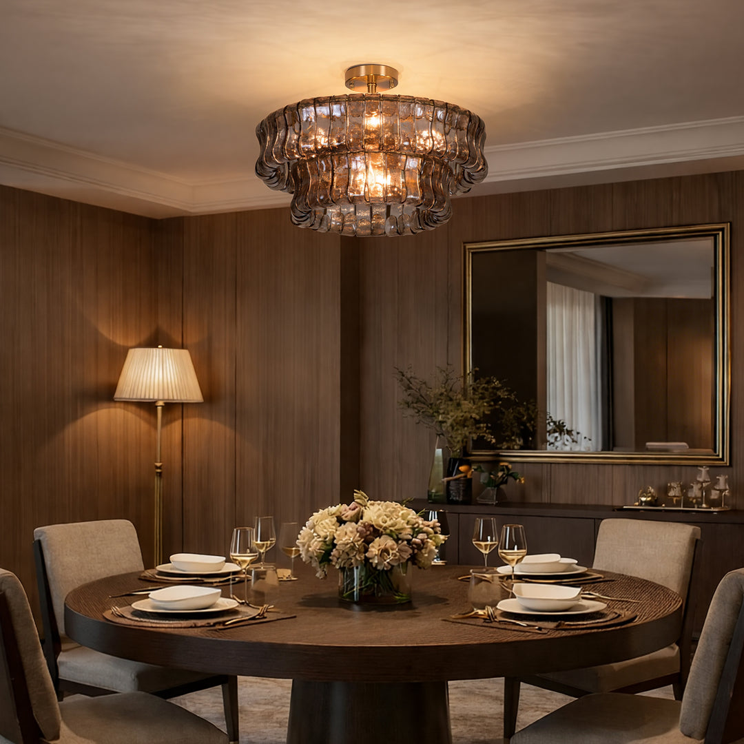 Lumen 20" 6-Light Brushed Brass Double-Layer Clear Artistic Glass Unique / Statement Semi-Flush Mount For Living Room/Bedroom #19235