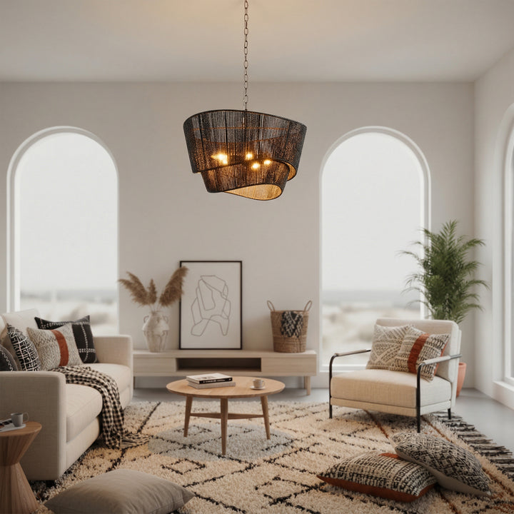 Solara 5-light Electroplated Brass Wood Ratten Paper Rope Chandelier For Living Room/bedroom #28010