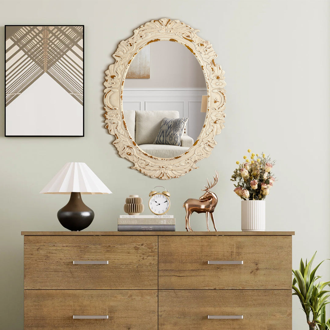 26 in. W x 34 in. H Antiqued White Baroque Oval Framed Wall Bathroom Vanity Mirror #25011