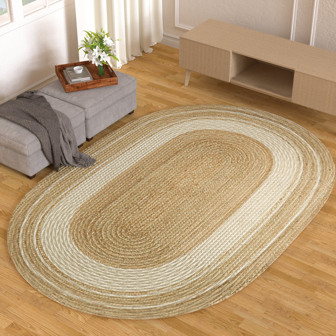 4modernhome Jute Hand Braided Zigzag Stitch Natural Fibers Farmhouse Style Area Rug For Dining Room Living Room Kitchen, Off White/Natural #DT23-5