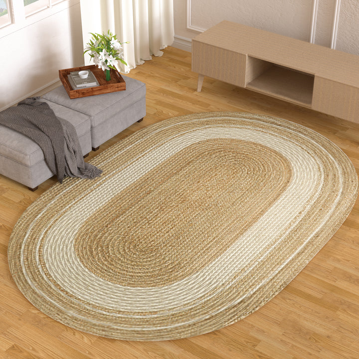 4modernhome Jute Hand Braided Zigzag Stitch Natural Fibers Farmhouse Style Area Rug For Dining Room Living Room Kitchen, Off White/Natural #DT23-5