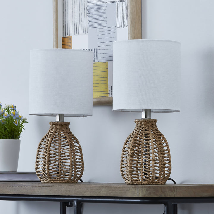 12.5'' Small Coastal Brown Rattan Table Lamp Set (Set of 2)