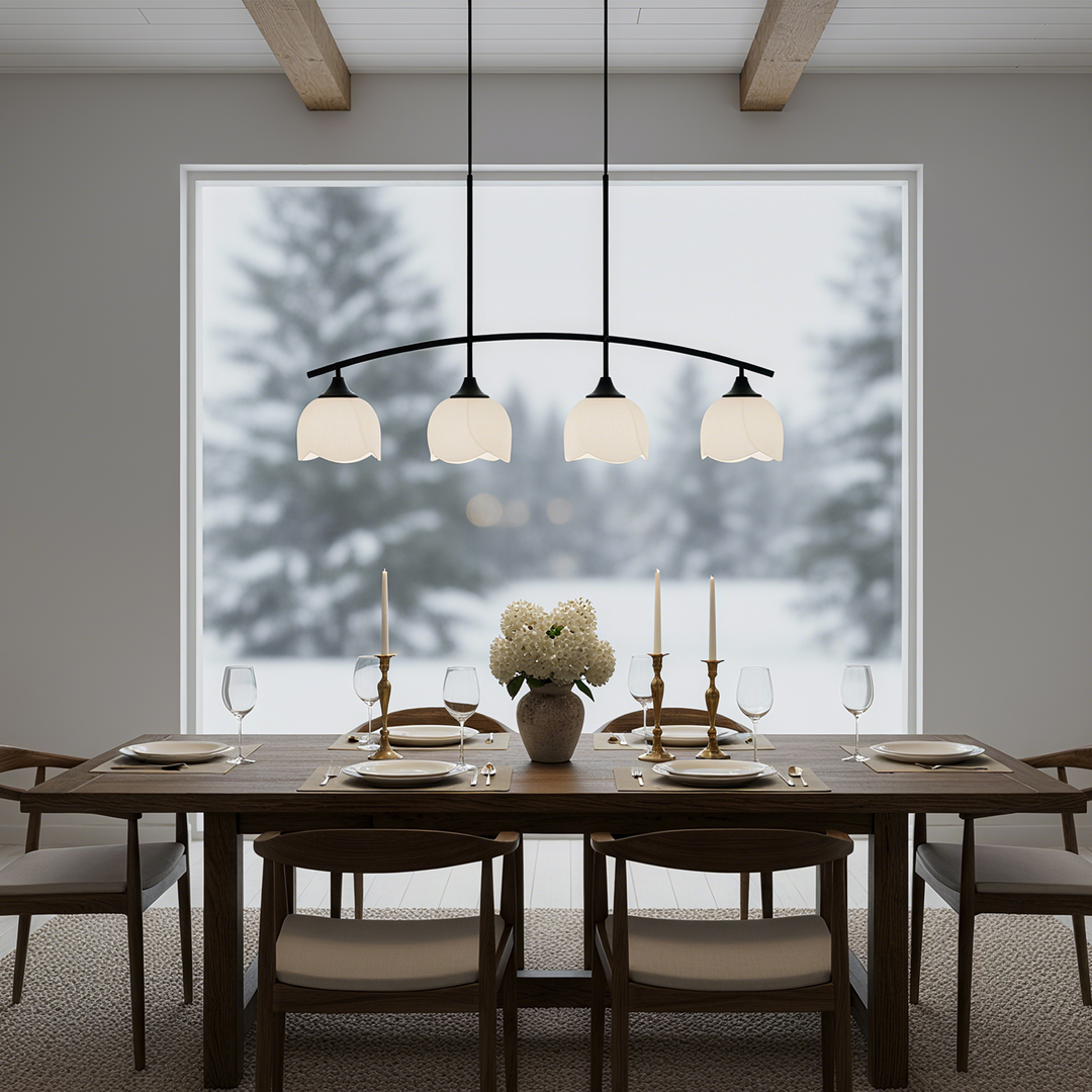 Twilight 4-Light 36"W Black/Brass Modern Linear Pendant Chandelier With Flower Frosted Glass Shades For Dining Room Or Kitchen Island #P39015